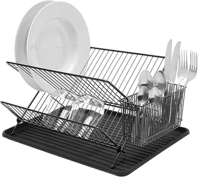Produktbild von PolkaHome® Faltbares Geschirrabtropfgestell für Teller – 2-stöckiger Trockenständer mit Besteckhalter und Abtropfschale – Schwarz