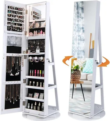 Imagen del producto de Espejo de cuerpo entero con armario para joyas, armario espejo LED sin marco, organizador de joyas giratorio 360° y con cerradura, caja de almacenamiento para joyas (blanco)