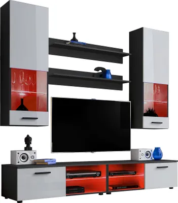 Produktbild von Komodee | Wohnwand Wohnzimmerset RTV Varallo, Korpus Schwarz Matt Frontfarbe Weiß Hochglanz, LED RGB