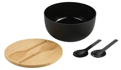Salatschüssel-Set 24 cm, Kunststoff/Bambus, schwarz-braun, mit Besteck