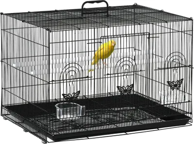 Image de Cage pour oiseaux - Acier inoxydable - 60×41×41 cm - Avec mangeoires - 2 perchoirs - Noir
