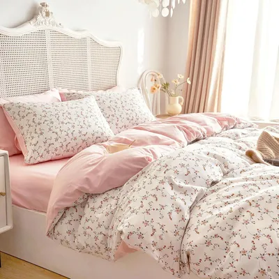 Produktbild von Bettwäsche Set 135x200 cm Rosa Weiß Blätter Blumen Muster