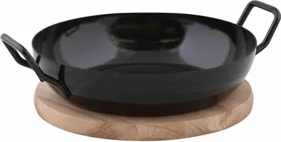 Produktbild von Gourmetpfanne mit Holzplatte, 20 cm, emailleierter Stahl, schwarz