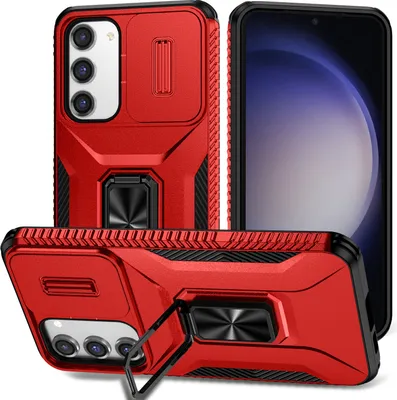Produktbild von Handyhülle für Samsung Galaxy S23 Dual Layer Hülle mit Schiebe Kamera Schutz und Ringhalter Ständer Rot