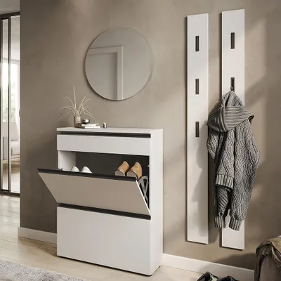 Produktbild von Garderoben-Set mit Spiegel, Schuhschrank & 2 Garderobenpaneelen in beige, modern, 4-teilig - BADIA-01