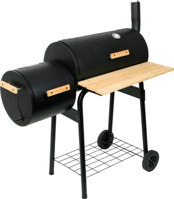A black charcoal smoker grill with a wooden side shelf, shown on a white background.