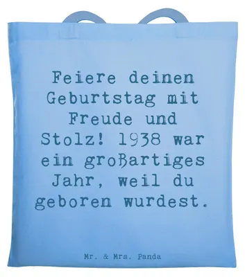 Produktbild von Mr. & Mrs. Panda Tote Bag Spruch 1938 Geburtstag - Sky Blue - Geschenk, Shopping Tasche, Stoffbeutel, besondere Erinnerung, Alter, Geburtsjahr, Laptoptasche, Freude