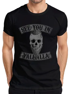 Obrázek produktu pro See You In Valhalla Skull Runes Viking Vegvisir Biker Pánské tričko, černá, 3XL