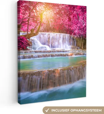 Produktbild von MuchoWow® - Leinwandbilder - Wasserfall - Regenbogen - Bäume - Rosa - Natur, Wandbild, Wanddeko Bilder Wohnzimmer, 30x40 cm