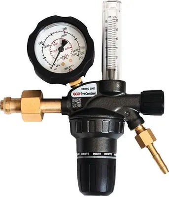 A gas pressure regulator with a flowmeter and pressure gauge.