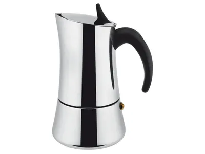 A shiny silver stovetop espresso maker with a black handle is shown against a white background.