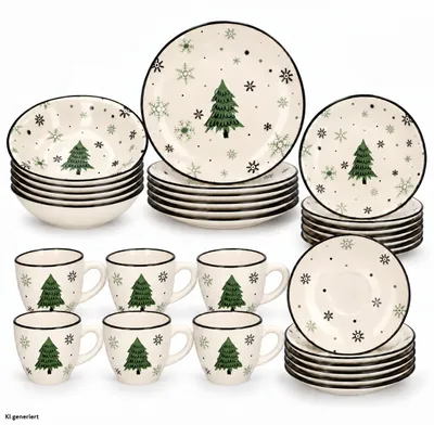 Produktbild von 30tlg Kombiservice Weihnachtsbaum Steingut 6 Pers Weihnachtsgeschirr