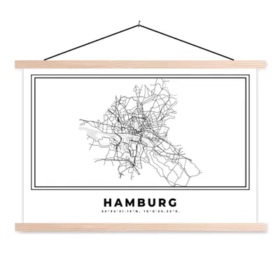 Produktbild von MuchoWow® Textilposter Schwarz und weiß - Deutschland - Karte - Stadtplan - Hamburg 120x80 cm mit holzfarbenen Rahmen - Aufhängeset
