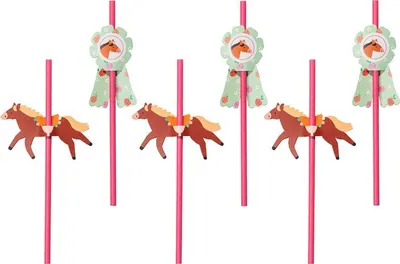 Produktbild von Papierstrohhalme 19cm mit Pferde Topper 6er Set Pink / Braun / Grün