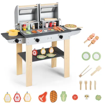 Immagine prodotto di Set barbecue per bambini COSTWAY, set da cucina da esterno con utensili da barbecue, cibo giocattolo, 2 griglie e coperchi ribaltabili, giocattoli da cucina per bambini dai 3 anni in su