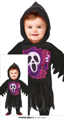 Productafbeelding van Halloween-geest muts tuniek babykostuum, griezelig, leuk, Día de los Muertos outfit, creatief ontwerp met muts en tuniek, spookmotief, avontuurlijk spel, maat: 86/92, kleur: zwart