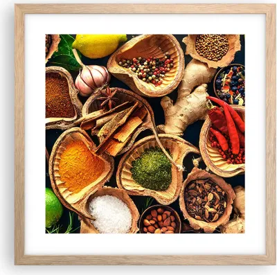 Produktbild von Gerahmtes Poster - Rahmen in heller Eiche - Küche Essen Kräuter Gewürze - 40x40 cm - Wand Bild - Wanddeko - Wandbilder - Wandposter - Bilderrahmen - Bilder - Kunstdruck - Wandbild - P2NAC40x40-2844