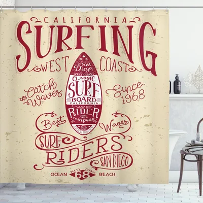 Produktbild von ABAKUHAUS San Diego Duschvorhang, Kalifornien-Surfen Thema Vintage-Westküste Aktivität Sommersport, 175 x 180 cm, Beige Maroon and White