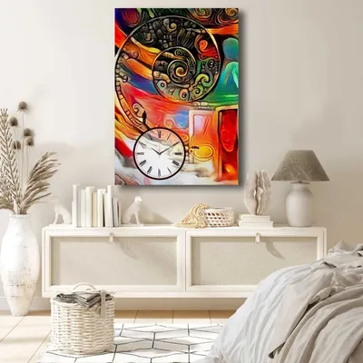 A living room or bedroom setting with a wall clock as the main decorative element above a console table.