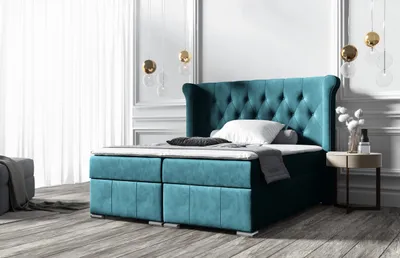 Produktbild von Bett Kontinentalbett mit Bettkasten aus hydrophobem Stoff Vintage Glamour In Türkis Matte Velve 77 Gisele 180/200 cm