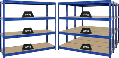 Produktbild von Mega Deal | 4x Schwerlastregal DINO | HxBxT 180x200x60cm | 4 MDF-Platten-Ebenen 6,5 mm | Fachlast 600kg | Blau