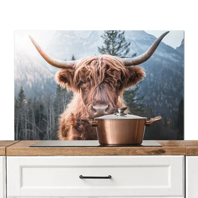 Obrázek produktu pro KitchenYeah® Kitchen splashback - kuchyňský splashback - ochrana stěny sporáku a dřezu - skotský skot - kráva - zvířata - hory - příroda 100x65 - hliníkový dibond (alternativa ke skleněnému splashbacku) -