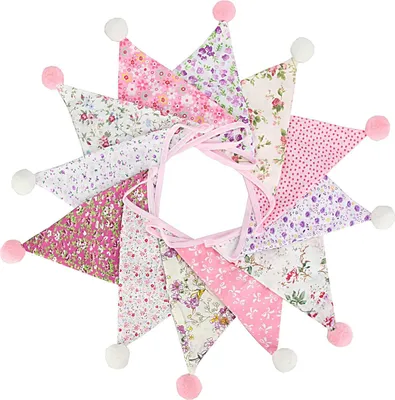 Produktbild von G2PLUS Blumen Wimpelkette mit Poms: 4M Rosa Stoff Wimpel mit 12 STK Wimpeln, Floral Girlande im Schön Stil für Geburtstag, Kinderzimmer, Prinzessinnenzimmer, Party