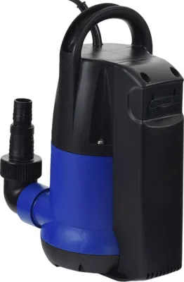 A submersible pump with a black and blue body and a black handle on top.