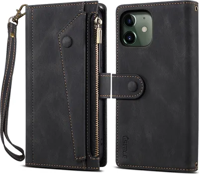 Produktbild von Schutzhülle für iPhone 11 Reißverschluss Hülle, Leder Klapphülle Kartenfach Standfunktion Brieftasche mit Trageband Schwarz