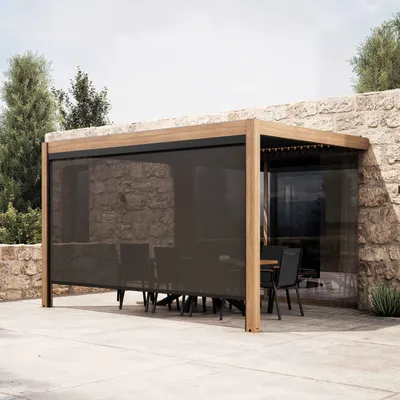 Image de Pergola bioclimatique adossée 3x4m et 1 store bois gris - Oviala Oia