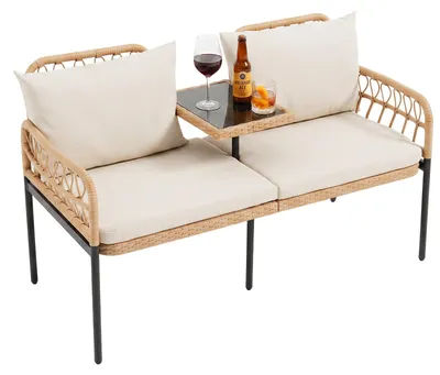 Immagine prodotto di Panca da giardino COSTWAY con tavolo, panca in rattan sintetico con cuscini, divanetto a 2 posti, set di mobili da esterno per balcone, giardino o terrazza, dimensioni 137x64x84 cm