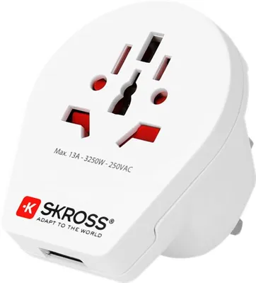 Immagine prodotto di SKROSS 72872 Adattatore nazionale World to UK USB, bianco - adatto a tutti i dispositivi con e senza messa a terra (a 2 e 3 poli), con caricatore USB integrato