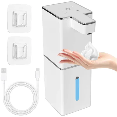 Productafbeelding van Automatische zeepdispenser, wandmontage, contactloos, geen boren nodig, 380 ml elektrische zeepdispenser met infraroodsensor, USB-oplaadbare schuimzeepdispenser voor badkamer, toilet en keuken (wit)