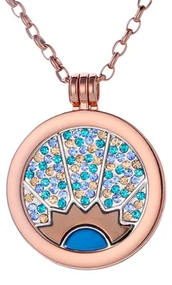 Image de Collier pour femme Morella, or rose, 70 cm, en acier inoxydable, avec amulette et médaille de 33 mm représentant des rayons de soleil, dans une pochette à bijoux