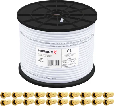 A large spool of white coaxial cable is shown, with a label detailing its specifications. Below the spool, a row of gold F-connectors is displayed.