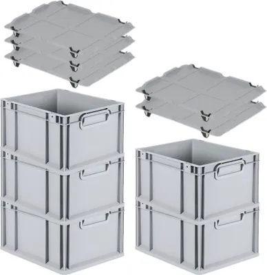 Produktbild von SparSet 5x Eurobox NextGen Economy mit Auflagedeckel und 4x Schiebeschnappverschlüsse Schwarz | Griffe geschlossen | HxBxT 22x30x40cm | 20 Liter | Eurobehälter, Transportbox, Transportbehälter, Stapelbehälter