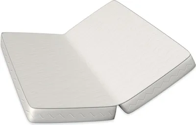 A white foldable mattress is shown on a white background, with the mattress folded in the middle.