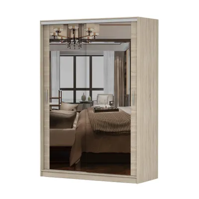Image de Armoire à portes coulissantes TOKYO M, armoire de chambre à coucher 150 cm chêne Sonoma/chêne Sonoma avec miroir, poignées PVC couleur aluminium
