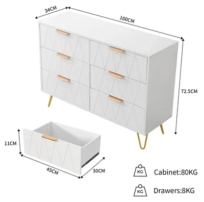 Obrázok produktu pre Komoda so 6 zásuvkami – Úzka komoda – Komoda – Vhodná do obývačky a predsiene – Materiál: MDF a kov – Minimalistický, moderný dizajn – Biela farba