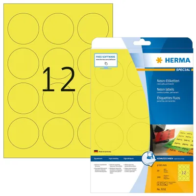 Produktbild von Etiketten A4 neon-gelb Ø 60 mm rund Papier matt 240 St.