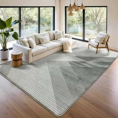 Imagen del producto de Alfombra para sala de estar o dormitorio, pelo corto, diseño moderno, alfombra grande, antideslizante, suave, diseño abstracto, ideal para comedor (geométrico, gris y blanco, 200 x 250 cm)