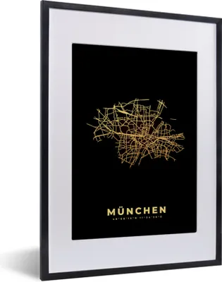 Produktbild von MuchoWow® Gerahmtes Poster München - Karte - Gold - Stadtplan 30x40 cm - Poster mit Schwarzem Bilderrahmen Wandposter Rahmen Foto Bilder - Wandposter Schlafzimmer