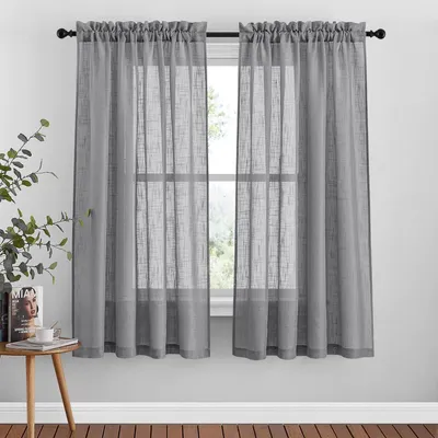 Obrázok produktu pre Závesy, krátke, vzhľad ľanu, čiastočne priehľadné, tmavosivé, rozmer 160 x 132 cm (balenie po 2 kusy)