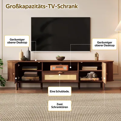 Obrázok produktu pre Moderná TV skrinka, ratanové zásuvky, otvorené priehradky, zaoblená doska stola, kovové nohy v drevenom vzhľade, multifunkčný nábytok do obývacej izby.