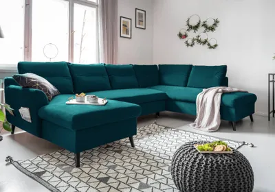 Produktbild von MIUFORM Stylish Stan - Ecksofa mit Bettfunktion und Bettkasten U-FORM RECHTS - 300x198cm - Velours Türkis - Sofa Schlafsofa Couch