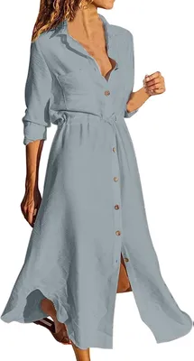 Produktbild von ASKSA Damen Freizeitkleider Sommer Knopf Langarm Shirtkleid  Lockeres Solides Midi Kleid mit Kordelzug, Grau, XL