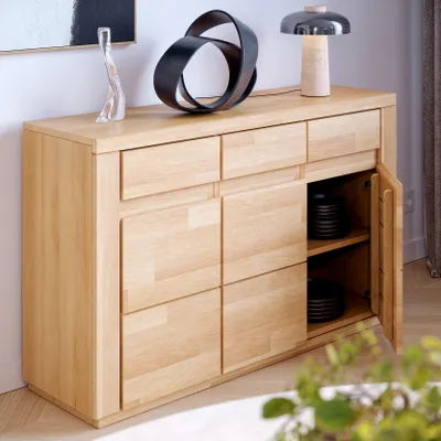 Produktbild von Kommode,  Sideboard Bergen aus Kernbuche massiv geölt mit drei Türen und drei Schubladen , grifflose Optik , L: 127 x T 37 x H 79 cm