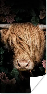 Produktbild von MuchoWow® Poster Schottischer Highlander - Kuh - Blätter 20x40 cm - Plakat - Foto