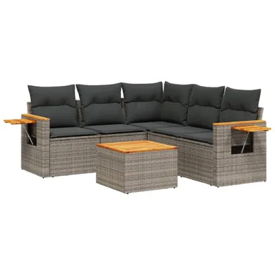 Produktbild von 6-tlg. Garten-Lounge-Set, Modulare Sofagarnitur mit Stauraum, Poly Rattan & Akazienholz, UV-beständig, Grau, inkl. wasserabweisendem Beutel & Kissen