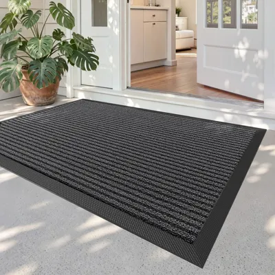 Productafbeelding van Buitenmat, vuilafschermer, antislip, wasbaar, weerbestendig, 80 x 120 cm, gestreept, grijs